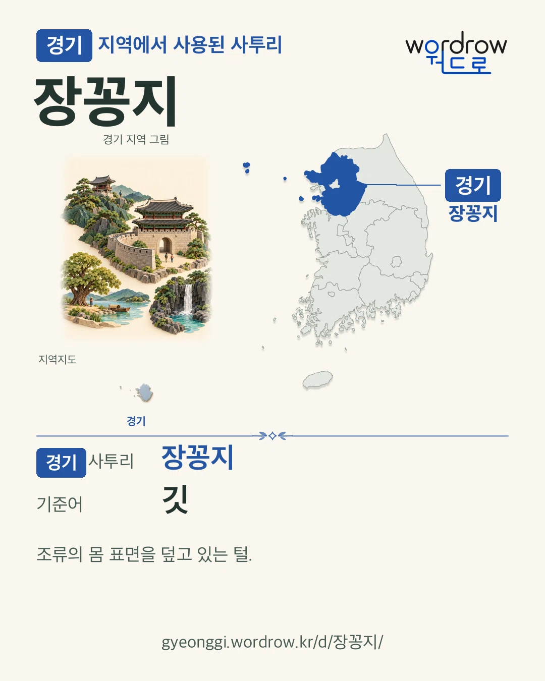 경기 지역에서 사용된 사투리 ‘장꽁지’. 기준어: 깃. 기록 지역을 표시한 지역 그림과 지도 카드.