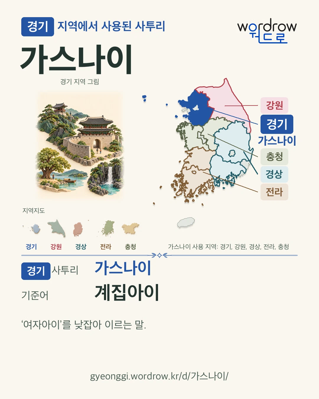 경기 지역에서 사용된 사투리 ‘가스나이’. 기준어: 계집아이. 기록 지역을 표시한 지역 그림과 지도 카드.