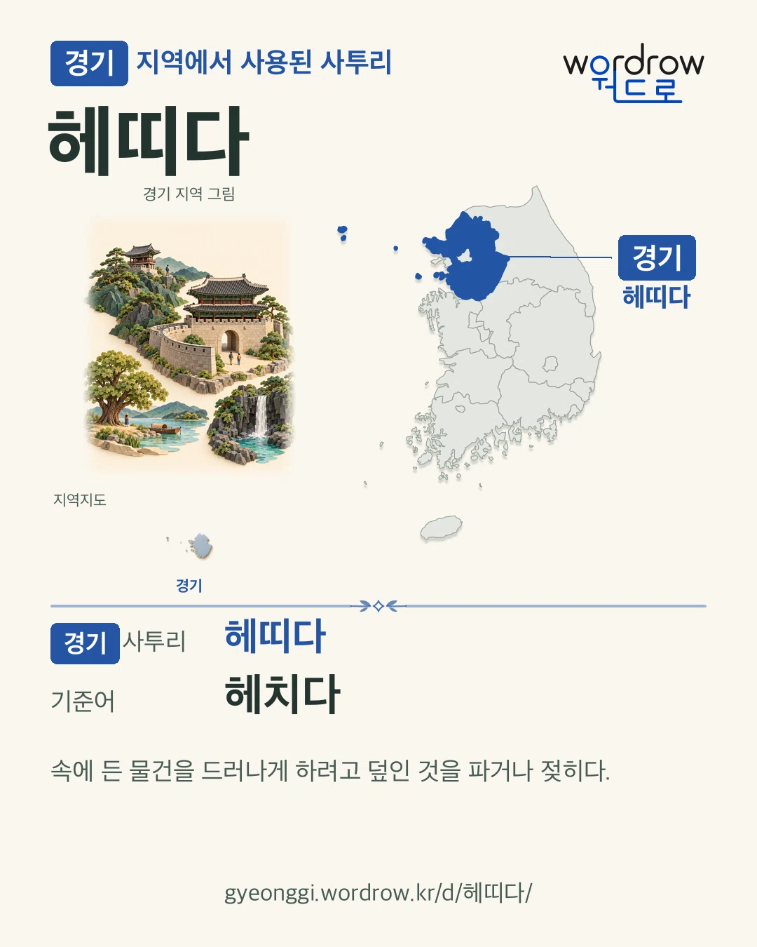 경기 지역에서 사용된 사투리 ‘헤띠다’. 기준어: 헤치다. 기록 지역을 표시한 지역 그림과 지도 카드.