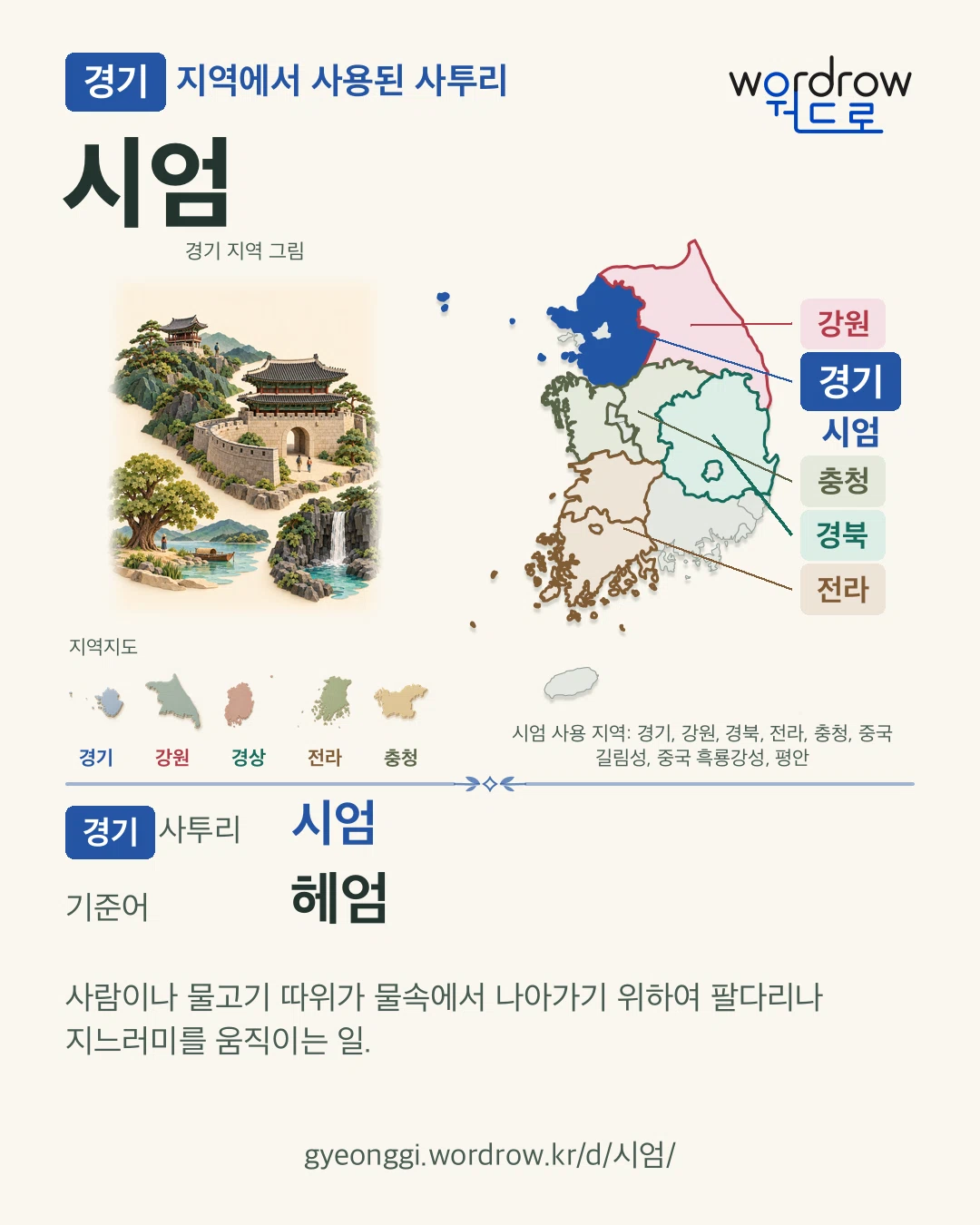 경기 지역에서 사용된 사투리 ‘시엄’. 기준어: 헤엄. 기록 지역을 표시한 지역 그림과 지도 카드.