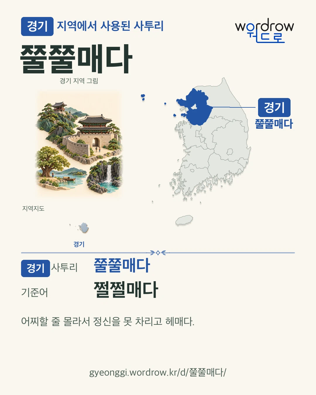 경기 지역에서 사용된 사투리 ‘쭐쭐매다’. 기준어: 쩔쩔매다. 기록 지역을 표시한 지역 그림과 지도 카드.